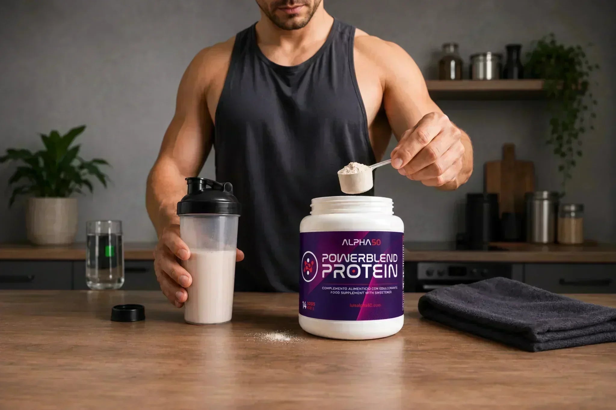Persona entrenando fuerza y batido de proteína para recuperar y ganar masa muscular.