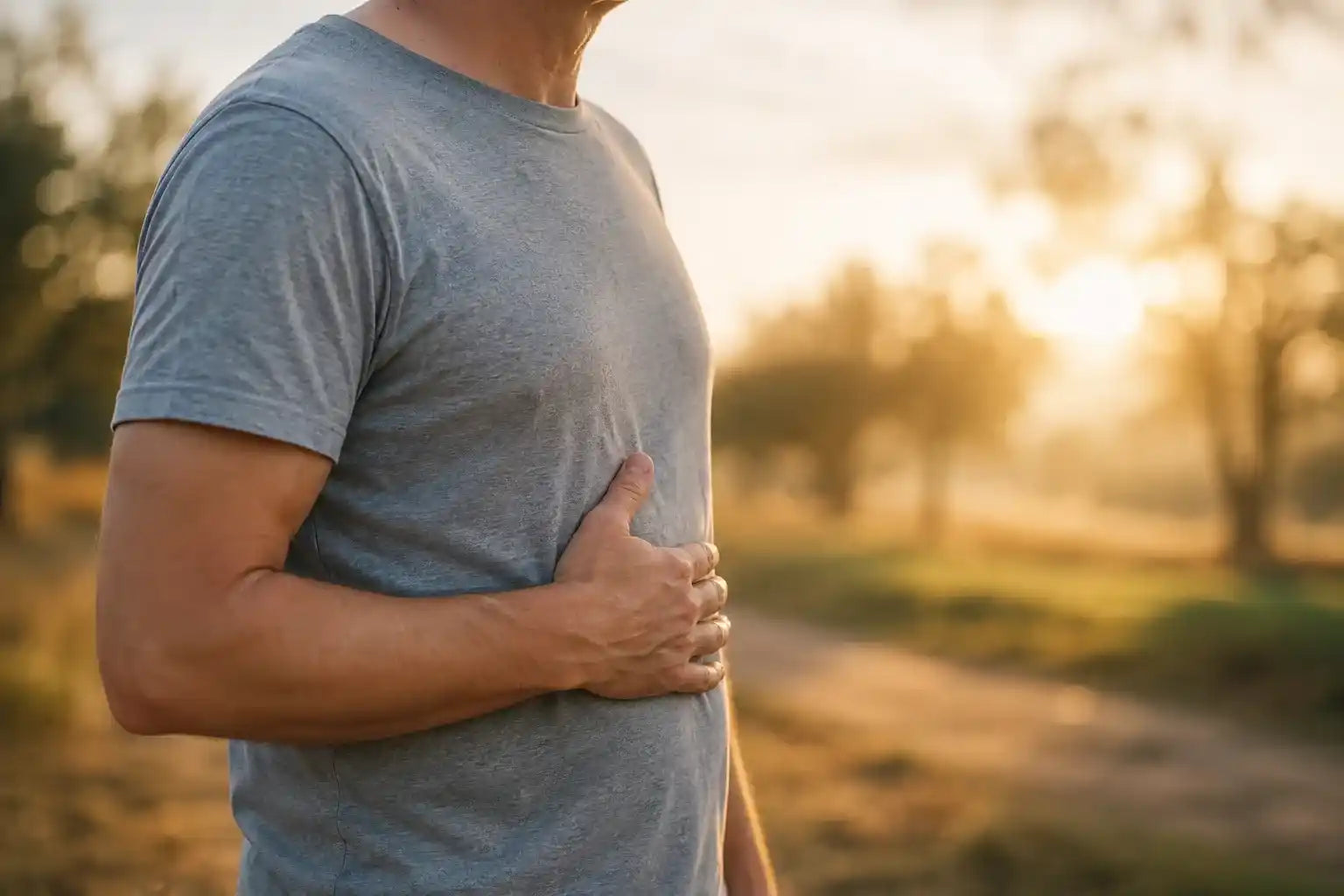 Hombre de unos 50 años con la mano sobre la parte superior derecha del abdomen, una posible señal asociada al hígado graso.