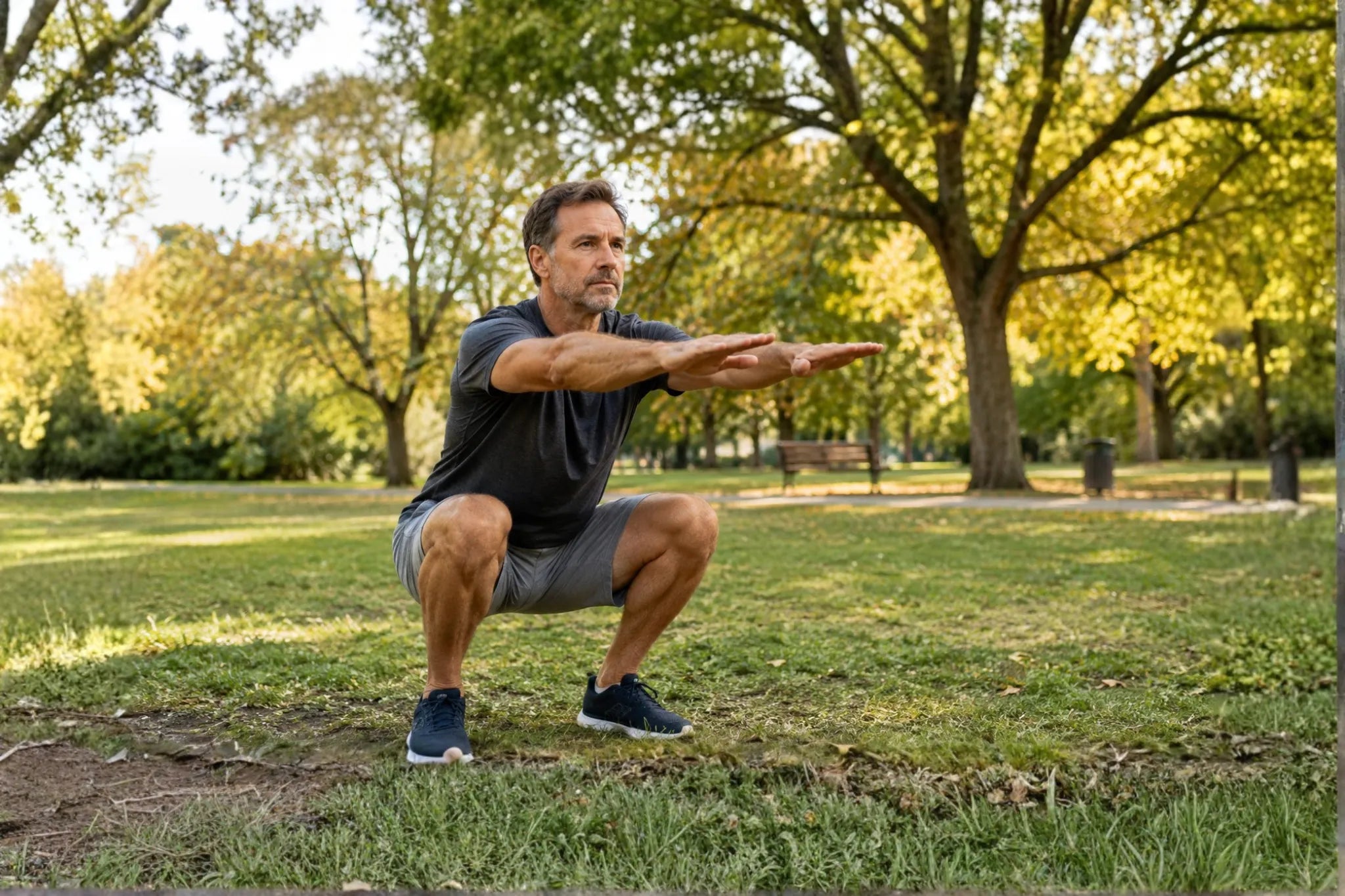 Hombre de más de 40 años haciendo una sentadilla al aire libre para mejorar su fuerza y mantener masa muscular