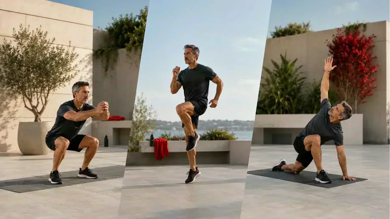 Hombre entrenando fuerza, cardio y movilidad al aire libre después de los 40