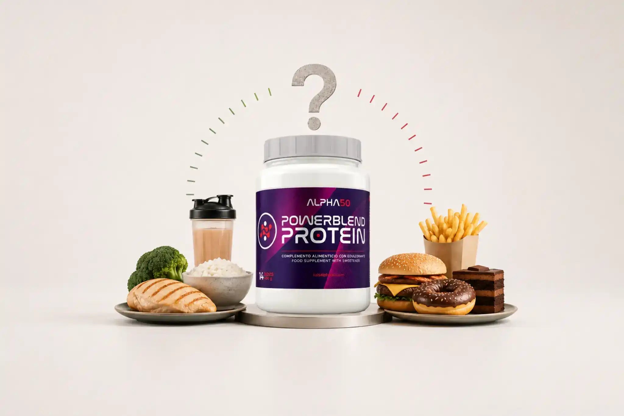 Bote de Powerblend Protein entre alimentos saludables y comida ultraprocesada, con un signo de interrogación sobre si la proteína engorda.
