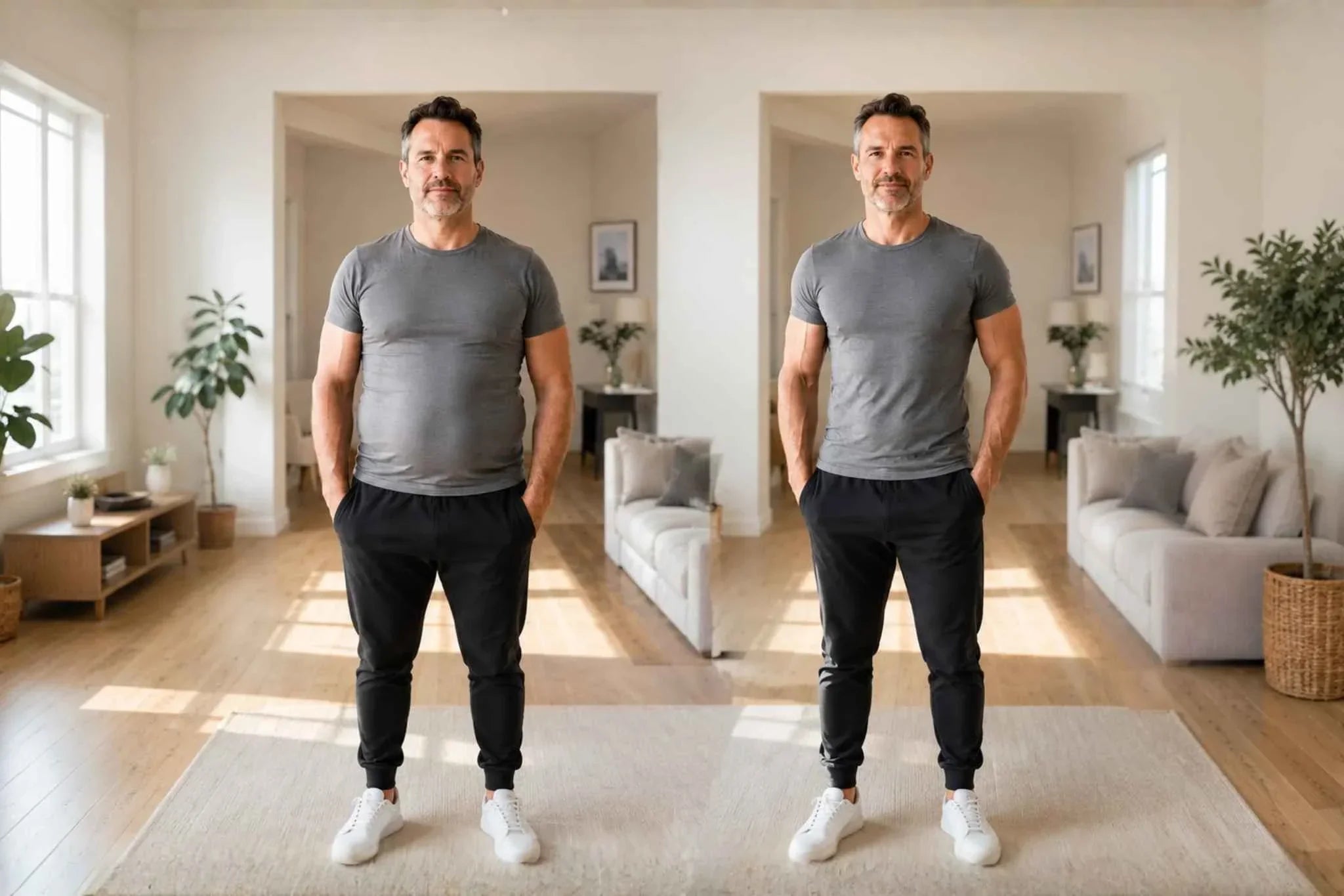Comparativa de un hombre mayor de 40 antes y después de una recomposición corporal, con menos grasa abdominal y mayor definición muscular.